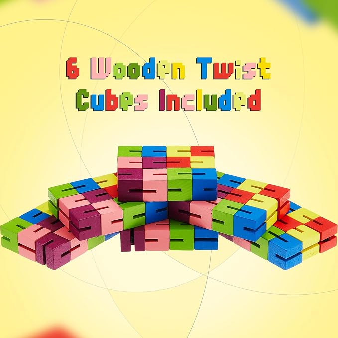 Sumind 6 Pcs Wooden Fidget Cubes Toy Twist Block Puzzle Sensory Toys for Teens Adults, Colorful Sensory Snake Brain Teaser Party Favors Pocket Stress Relief Gift for Classroom Prize Stocking Stuffers