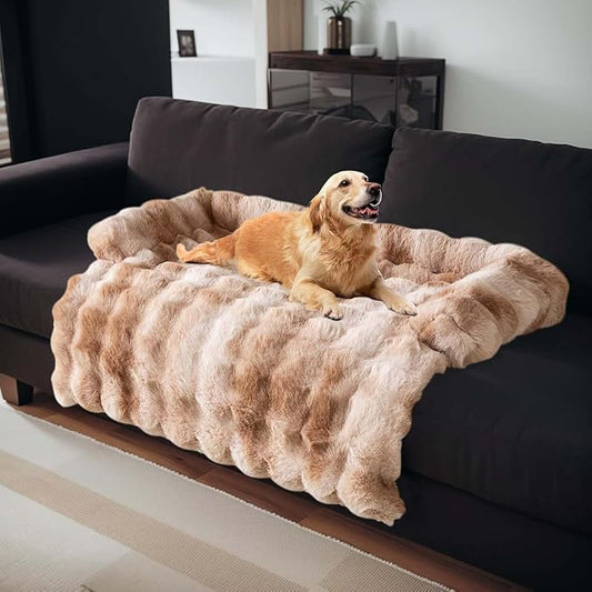 Pet Couch Covers for Sofa, Dog Couch Cover Protector, Fuzzy Sofa Cover Cream Square Plaid Dog Bed Plush Dog Mat for Furniture Protector for Large Medium Dogs and Cats