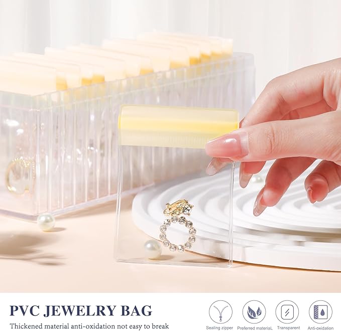 Acrylic Jewelry Box Organizer, Clear Jewelry Organizer Holder with 20 Portable Anti Tarnish Jewelry bags, Travel Jewelry Case for Earrings/Rings/Necklaces for Women Girls, Yellow