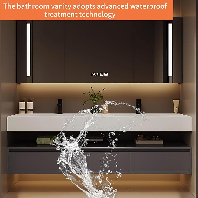 60IN Bathroom Vanity Double Sink - Double Sink Bathroom Vanity Set Include Smart Defogging Bathroom Mirror Cabinet with LED Light Strips, Abundant Storage Space with 3 Drawers (Mirror)
