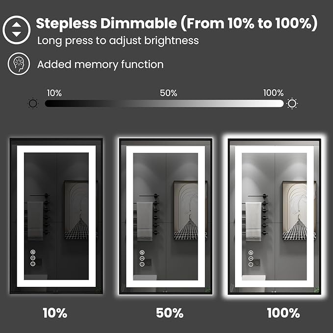 Amorho 60" X36" LED Bathroom Mirror Framed, Front Light and Backlit, Stepless Dimmable, Anti-Fog, Shatter-Proof, Memory, 3 Colors, Double LED Vanity Mirror