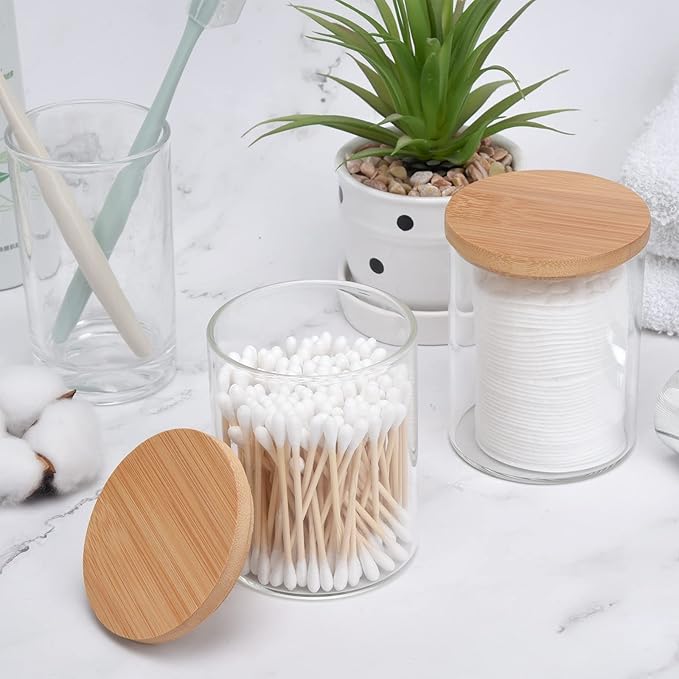 2 Pack Glass Qtip Holder Dispenser Set - Apothecary Jars with Lids - Vanity Makeup Organizer and Bathroom Canister Storage Organizer for Cotton Ball, Swab, Round Pads,Floss