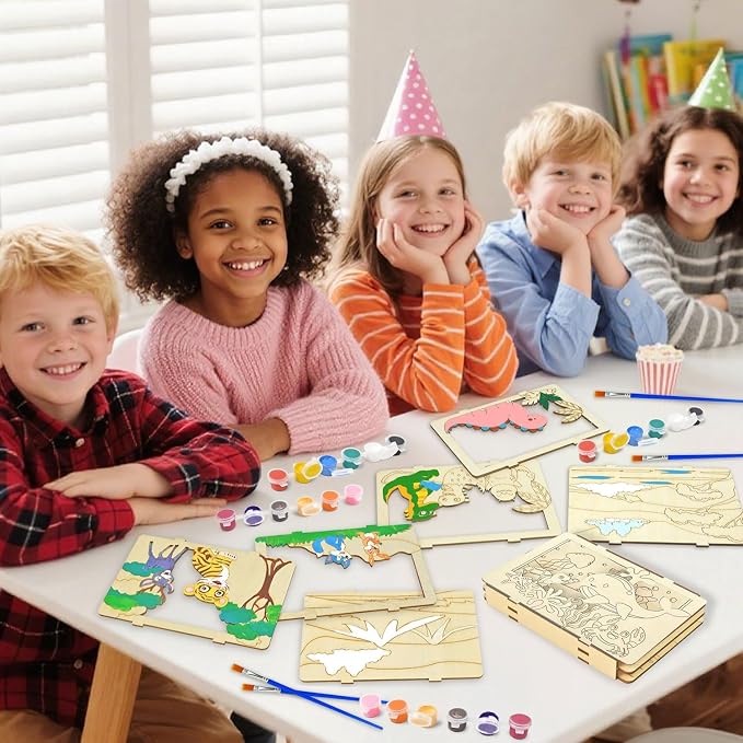 Vileafy Crafts for Kids Ages 4-8, 6-Pack Painting 3D Scene Wood Puzzles | Creative Summer Crafts, Individual Paint & Brushes, Dinosaur, Under the Sea, Animals Craft for Boys and Girls Gifts
