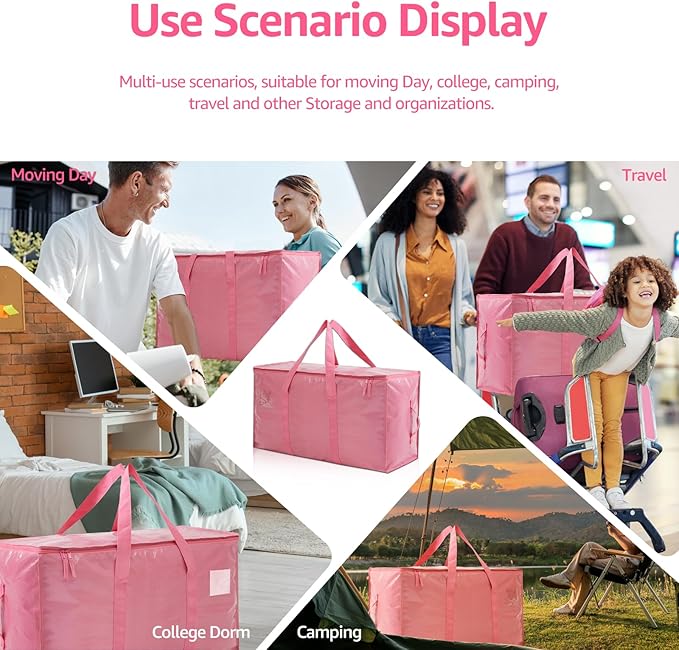 Moving Bags Heavy Duty Extra Large, Moving Boxes, Moving Supplies Essentials,Storage Bins with Lids, Plastic Packing Totes, Storage Bags for Clothes with Handles & Zippers(Pink, 10 Pack)