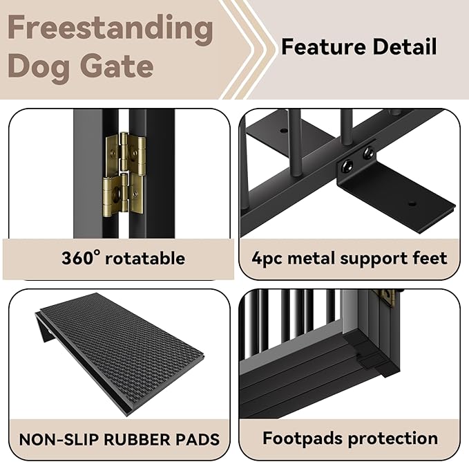 Full Metal Freestanding Dog Gate with Door, 24'' Height Foldable Pet Dog Fence for Indoor & Outdoor, 6 Panels Extra Wide Free Standing SmallDog Gates for Doorways,House,Stairs,Porch,Deck,Yard