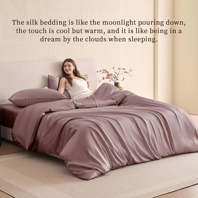 THXSILK 100% Pure Mulberry Silk Duvet Cover Set 3 Piece, 6A+ Grade Luxury Soft Bedding Silk Sheets for Hair and Skin, 1 Pcs Duvet/Quilt/Comforter Cover with 2 Zippered Pillowcases (Purple, King)