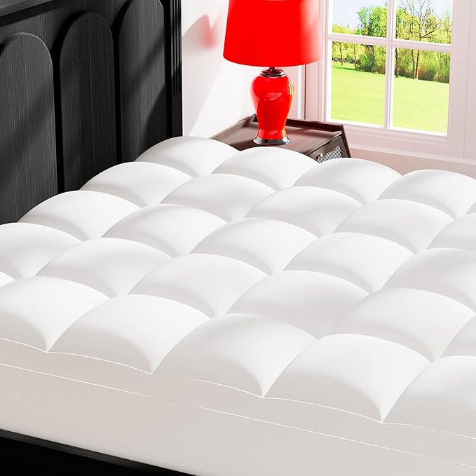 Topllen Twin Mattress Topper for Back Pain Relief, Extra Thick Pillow Top Plush Mattress Pad with Deep Pocket, Soft Pillowtop Twin Size Bed Toppers Filled Fluffy Down Alternative, White