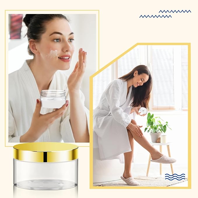 Dandat 24 Pcs 8 oz Plastic Jar Container with Lid and Label Refillable Empty Round Clear with Gold Pet Cosmetic Sample Slime Containers for Lotion, Cream, Ointments, Body Butter, Makeup Travel Storage