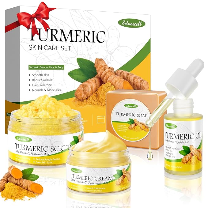 Turmeric Skin Care Set with Vitamin C, Turmeric Skincare Set Christmas Gifts for Women, Skin Care Kit for Anti-Aging Hydrating, Skincare Gift Set with Turmeric Soap Bar & Scrub, Turmeric Oil & Cream