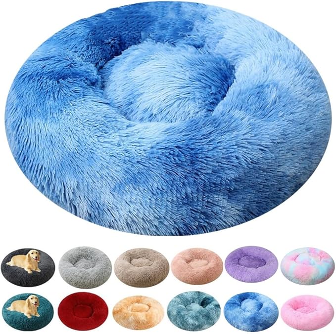 Large Calming Dog Bed, 47 Inch Anti-Anxiety Donut Dog Cuddler Cat Bed, Warming Cozy Soft Dogs Round Bed, Fluffy Faux Fur Machine Washable Pet Cushion for Medium Large Dogs & Cats (Blue White)