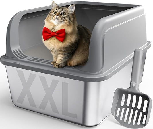 Stainless Steel Cat Litter Box, Metal Litter Box with Scoop, High- Sided, Anti-Leakage Top Entry, Non-Sticky, Easy to Clean, 8-Inch Splash-Proof Deep Pan, Grey, XXL (1 Pack)