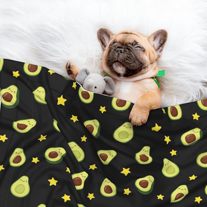 Pet Blanket for Indoor Outdoor Use, Avocado and Star Pattern Black, Two Sided Reversible Plush Mat with Bumpy Dot Texture for Patios Crates Portable Bed Companion
