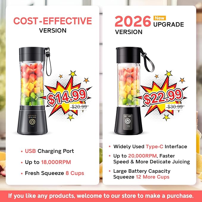 Portable Blender Personal Size Blender - 12 Oz Travel Cup Make Shakes and Smoothies, Cordless & USB Rechargeable, Freshly Squeezed in Picnic/Sports/Office