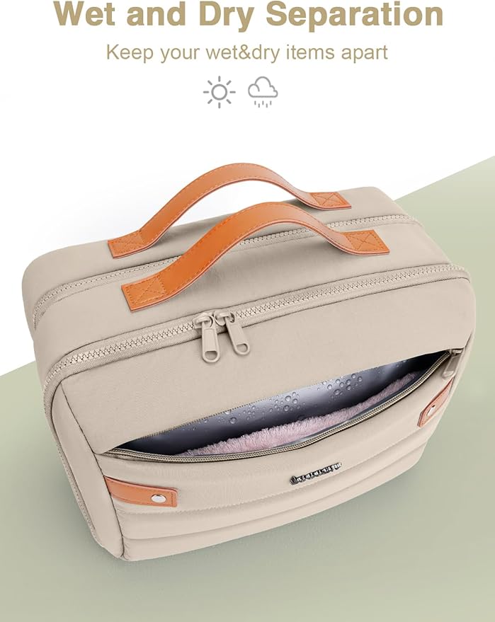 Women's Hanging Toiletry Bag, Waterproof Travel Cosmetic Organizer with Jewelry Storage, Large Capacity Makeup Case for Full-Size Skincare & Bathroom Essentials, Portable Cosmetic kit, Khaki