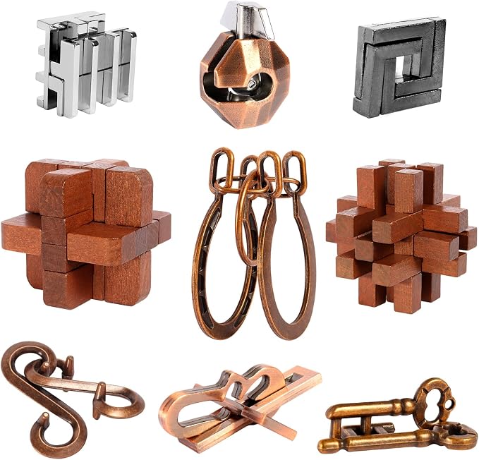 9pcs Puzzles Bulk Gift for Kids, Teens, and Adults Retro Wooden and Metal Unlock Interlock Brain Teaser Toys.