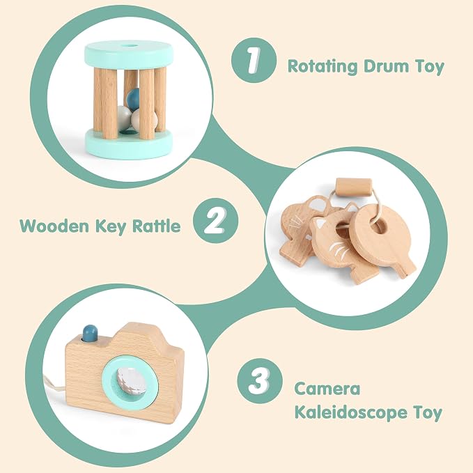 FReniland Wooden Montessori Toys, 3-Piece Wooden Baby Toys, Rotating Drum Toy, Camera Kaleidoscope Toys, Baby Key Rattles,Newborn Baby Gift Sets for Boys and Girls