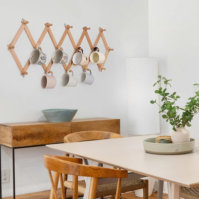 SCUNDA Wall Rack with 16 Hooks, Wooden Wall Expandable Coat Rack