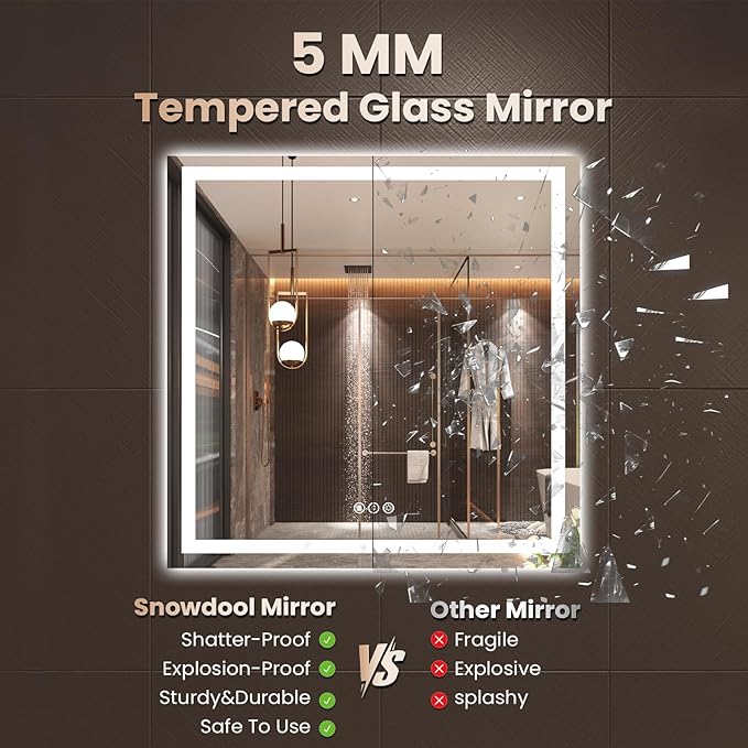 28"X36" LED Bathroom Mirror with Front Lights and Backlit, Anti-Fog, Dimmable, Shatter-Proof Tempered Glass, Lighted Bathroom Vanity Mirror for Wall with 3 Colors, Memory Function