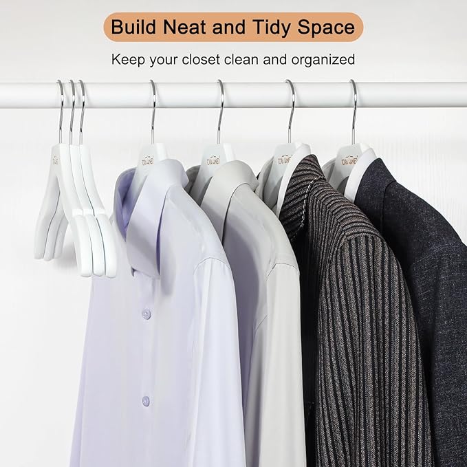 TOPIA HANGER Wooden Coat Hangers 12 Pack, Premium Wood Suit Sweater No Shoulder Bump Hangers, 360° Swivel Hook and Cut Notches Clothes Hangers for Sweater, Coat, Shirts, Hoodies, Dress, White CT84W