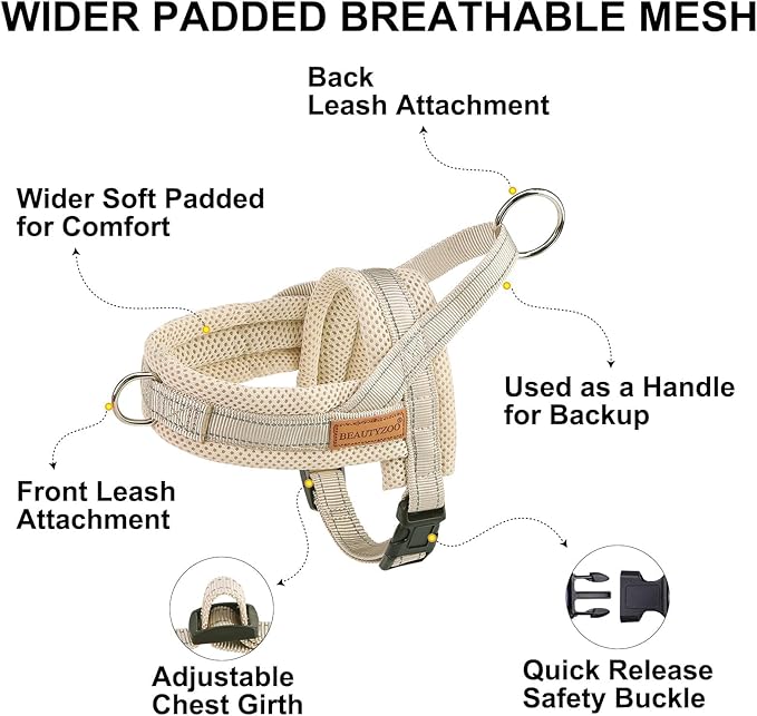 BEAUTYZOO Dog Harness No Pull, Quick Fit Dog Harness and Leash Set, Escape Proof Vest Harness with Soft Handle, Reflective Breathable Mesh Padding Harness for Medium Size Dog Training Walking, Beige M