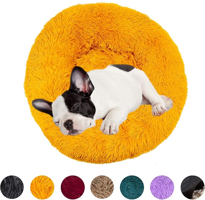 huraty Plush Calming Dog Bed, Faux Fur Donut Cuddler Bed for Cats, Anti-Skid & Anti-Anxiety, 20 Inch for Puppy and Kitties, Gold, S