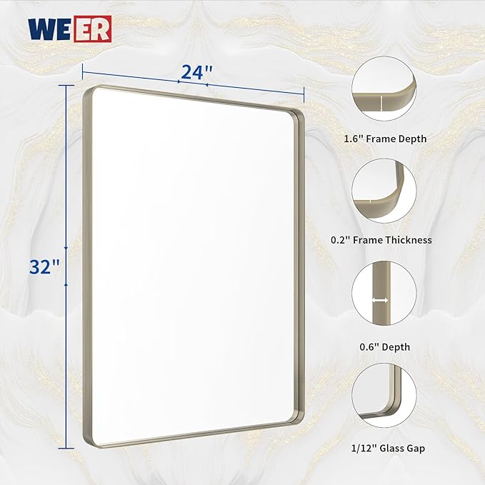 WEER 24X32 Inch Brushed Nickel Bathroom Mirror, Brushed Silver Metal Frame Mirror, Rounded Rectangle Silver Bathroom Vanity Mirror, Tempered Glass, Anti-Rust, Hangs Horizontally or Vertically