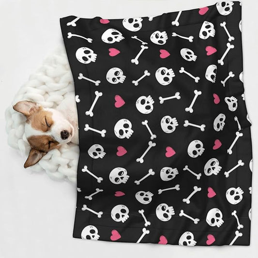 Reversible Plush Dot Pet Blanket for Dogs and Cats, Cartoon Skulls with Hearts On Black, Ultra Soft Two Sided Design with Warm Fuzzy Side and Smooth Side for Comfort