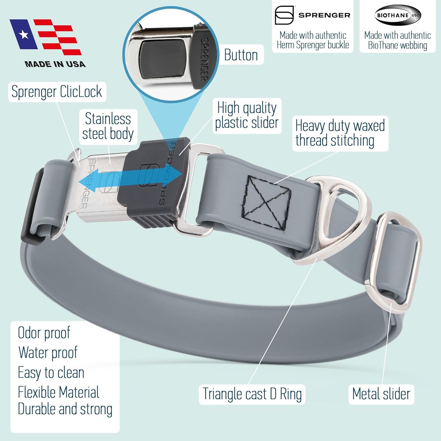 Dogline Biothane Waterproof Dog Collar with Herm Sprenger Stainless Steel Quick Release Buckle – Heavy Duty Tactical Durable Collar for Dogs – Comfortable and Safe Pet Collar, W 1" L 15-25", Gray