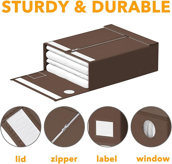 SpaceAid 4 Pack Bed Sheet Organizers and Storage, Foldable Sheet Organizer for Linen Closet, Sheets Set Folder Keeper with Window XL (Queen & King Size) Bedding Container (Brown, 4 Pack)