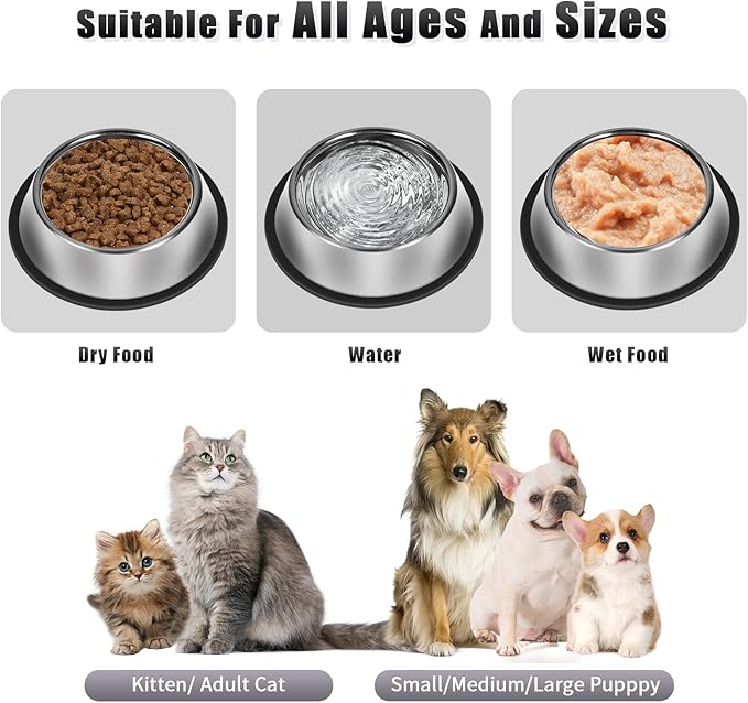 3Pcs Stainless Steel Dog Bowls Set - Non-Slip Food and Water Bowl 20 Oz - Dishwasher-Safe, Rust Resistant Metal Pet Bowls for Small/Medium/Large Sized Pets