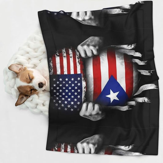Double Sided Pet Mat for Dog Bed Topper Cat Blanket Furniture Protector, American Puerto Rico Flag Pull Apart Black, Reversible Plush with Tactile Dot Pattern for Style Change