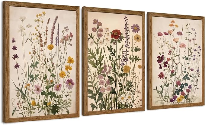 WRFON Botanical and Flower Canvas Wall Art, Framed Wildflower Wall Art Set of 3
