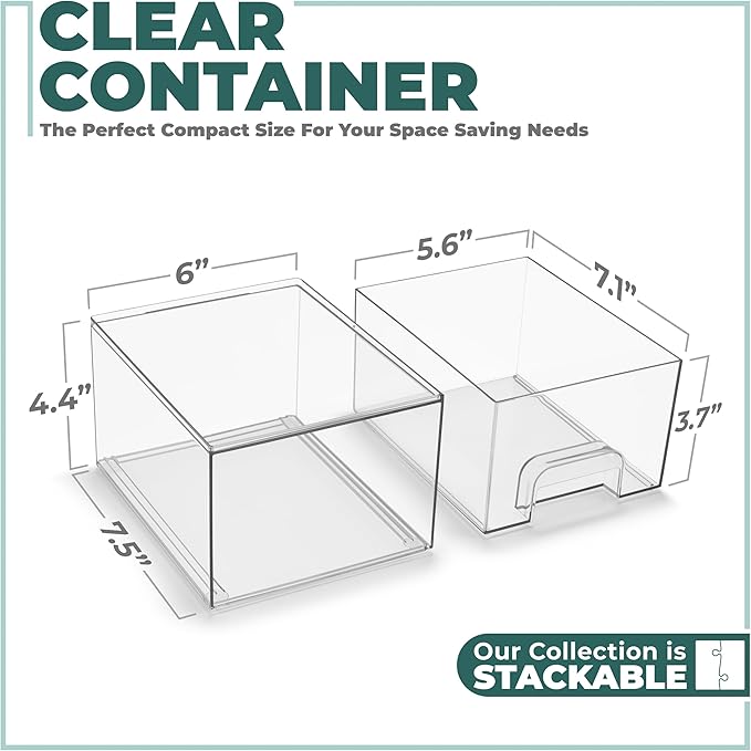 Sorbus Stackable Acrylic Storage Drawers, 4 Pack Clear Plastic Organizer Bins for Baby Bottles, Makeup, Bathroom, Vanity & Kitchen Countertop Organization, Pull-Out Drawer Design for Cabinets & Pantry
