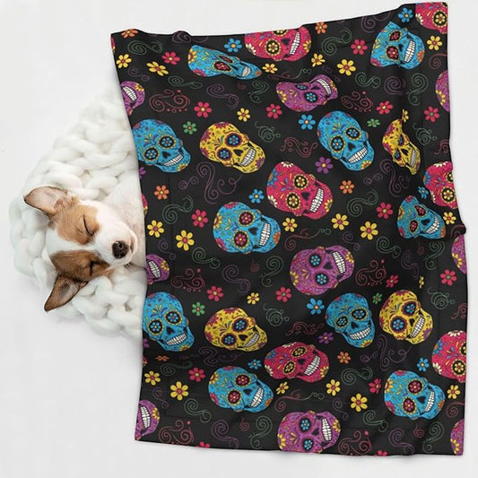 Reversible Pet Blanket for Easy Cleaning Maintenance, Sugar Skulls, Double Sided Plush Dot Design Means Double Use Between Washes for Convenience