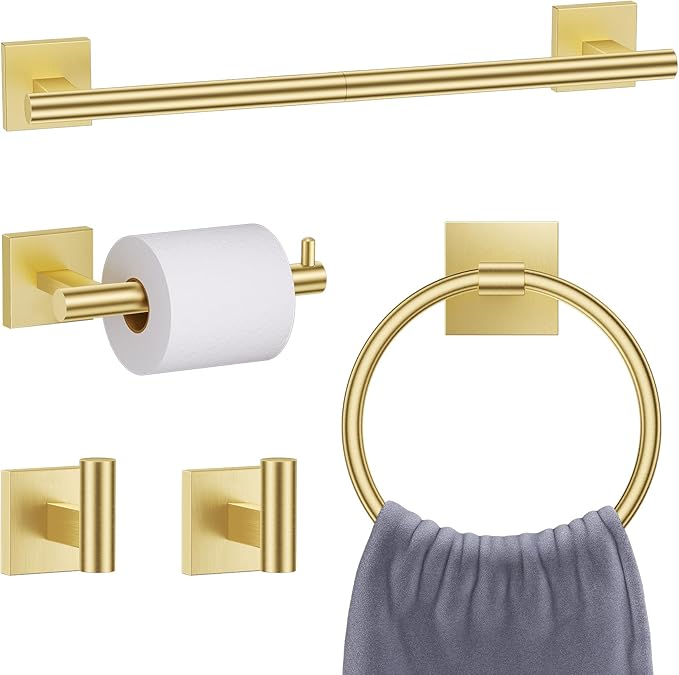 Brushed Gold Toilet Paper Holder Towel Bar Set, 5 Pieces Bathroom Hardware Accessories Set, 23.6 Inch Stainless Steel Towel Racks for Bathroom Wall Mounted