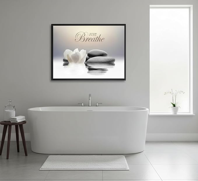 Floating Framed Zen Wall Art, Just Breathe Stone Poster Picture