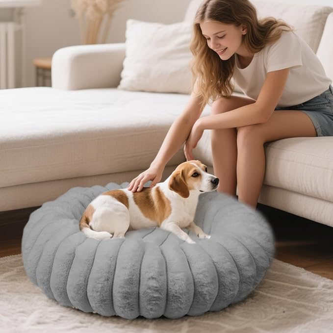 Donut Dog and Cat Bed, Luxurious Comfortable Faux Rabbit Fur Pet Beds, Round Anti-Anxiety Calming Puppy Kitten Bed with Anti-Slip Bottom for Small Medium Dogs & Cats(31", Grey)