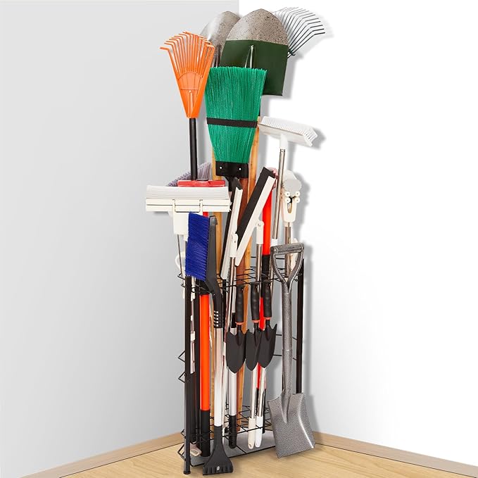 Garden Tool Organizer for Corner, Holds 35 Long-Handled Tools/Rakes/Brooms/Shovles for Garage Organization and Storage, Shed, Outdoor, Lawn, Heavy-Duty Steel, Black, Easy Assembly (Triangle Organizer)