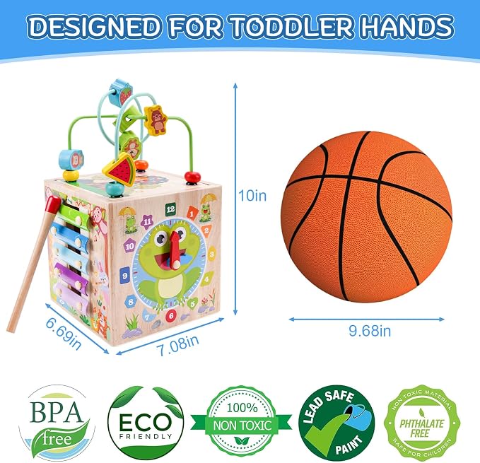 Wooden Activity Cube | Montessori Toys for 1 2 3 Year Old Toddler Gifts | One Year Old 1st First Birthday Gift | Educational Toys for 12+ Months Baby Boys Girls | Bonus Sorting & Stacking Game (Pink)
