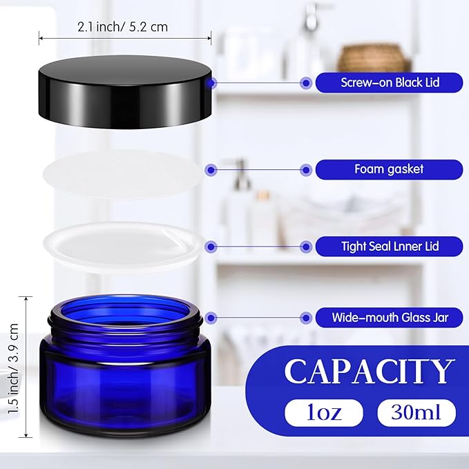 Domensi 100 Pcs 1 oz Glass Jars with Lids Bulk Round Glass Cosmetic Jars for DIY Lip Balm Small Travel Containers with Inner Liner for Lotions Powders Ointments Sample Cream(Cobalt Blue, Black)