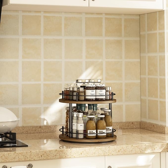 2 Tier Lazy Susan Organizer,2-Tier Spinning Spice Rack with Stable Carousel Base & 4 Height Settings for Cupboard Kitchen Countertop Dining Table Cupboard (Two-Ply(Round))