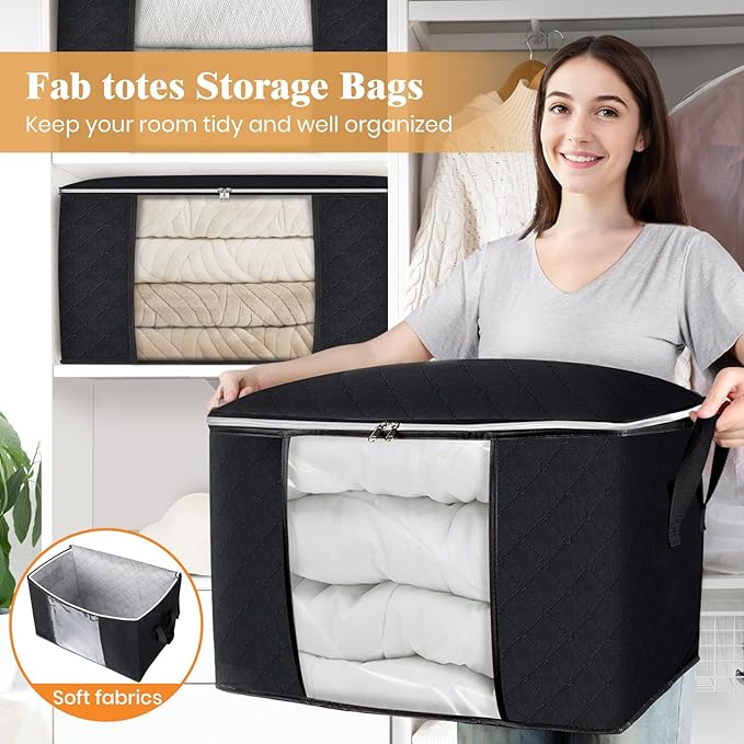 Fab totes 24 Gallons Clothes Storage, Foldable Thick Fabric Blanket Storage Bags, Containers for Organizing Bedroom, Closet, Clothing, Comforter, Organization with Handle (10 Pack,Black)