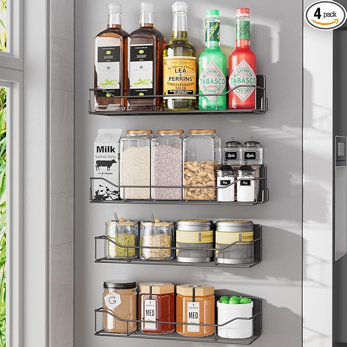 Magnetic Spice Rack for Refrigerator, 4 Pack Metal Strong Magnet Spice Organizer Shelves, Magnetic Fridge Shelf for Kitchen Seasoning Organizer Gadgets, Home Organization and Storage (Black)