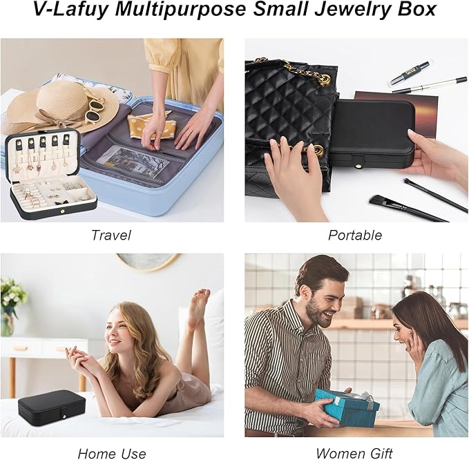 Small Jewelry Box, Travel Jewelry Case Portable Jewelry Boxes for Women, 2-Layer Mini Jewelry Travel Organizer, Gift for Women Girls,Black D