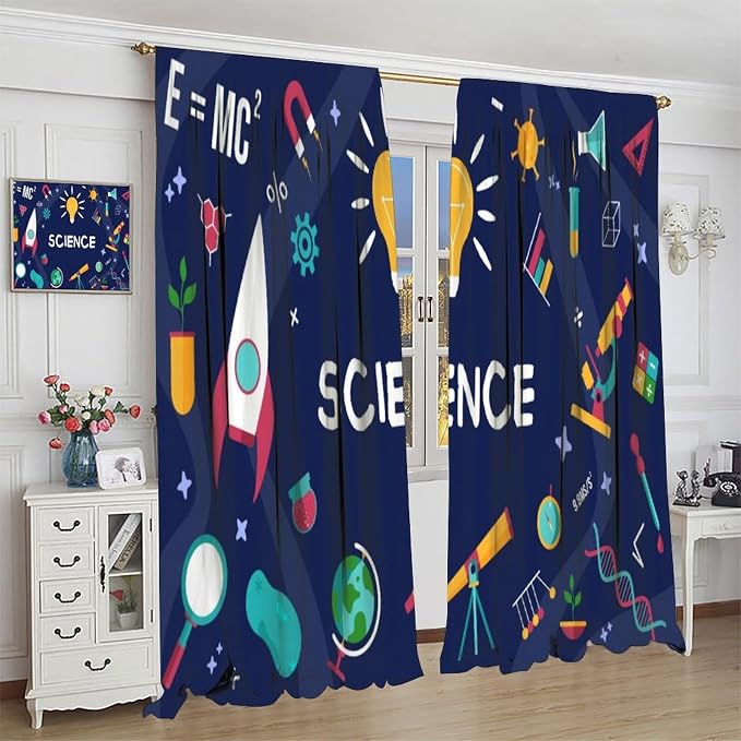 Science Symbols Kids Curtain Sketches Cartoon Chemistry Physics Geometry Education Pattern Print Window Drapes for Bedroom Living Room Kitchen Decor,2 Panel Set,42x63 Inch Blackout