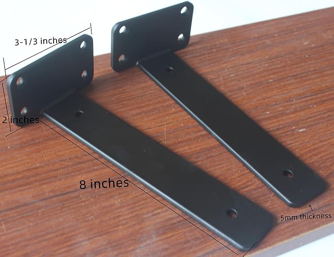 8 Pack - 8 inch Black Hidden L Shelf Bracket Iron Floating Shelf Brackets