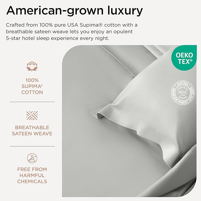 Threadmill Luxury Supima Cotton Sheets, Luxury 1000 Thread Count Soft 100% Cotton Sheets for Full Size Bed, 4 Pc Light Grey Bed Sheets Full Set, 5-Star Hotel Quality Deep Pocket Bed Sheets Set