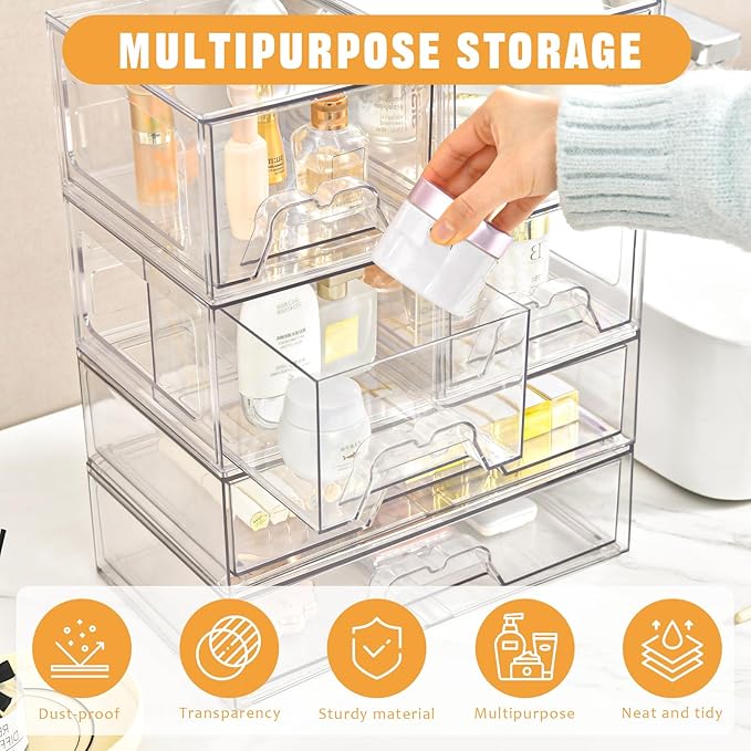 3 Pack Stackable Storage Drawers Clear Acrylic Organizer Makeup Bathroom Organizer and Storage for Beauty Supplies,Ideal for Vanity, Cabinet,Bathroom,Pantry Organization