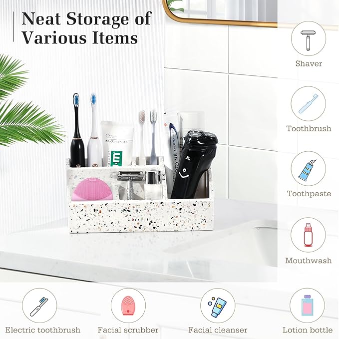 Luxspire Bathroom Counter Organizer, Toothbrush Holder for Bathroom 5 Slot, Large Bathroom Countertop Organizer Storage Bathroom Accessories for Toothbrush Toothpaste, Terrazzo