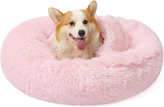 NOYAL Calming Dog Bed for Anxiety, Hooded Donut Cave with Blanket, Plush Fluffy Washable Pet Bed for Small Medium Dogs & Cats